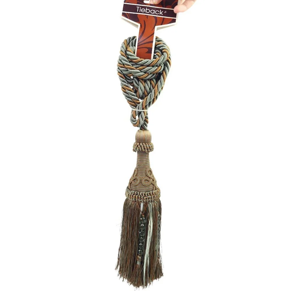 Gold & Sage Beaded Tassel Curtain Tieback